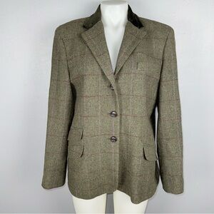 Chaps Wool Blend Tweed Blazer Jacket 12? Green Plaid Equestrian Preppy *READ